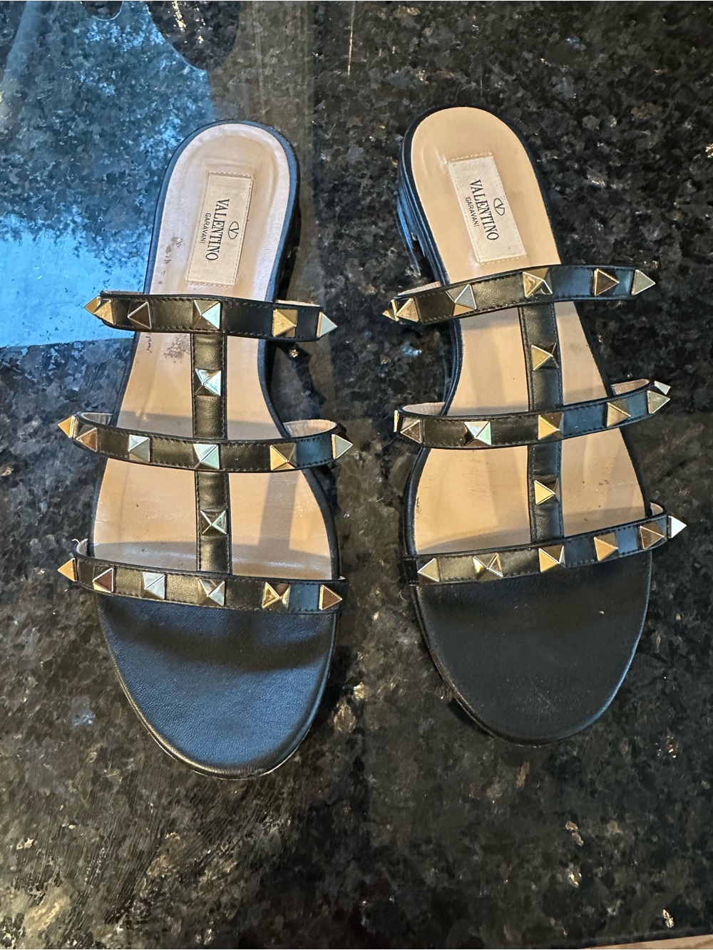 Valentino Garavani Black Leather Studded Triple-Strap Slide Sandals flat